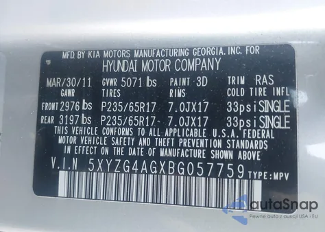 2011 Hyundai Santa Fe Gls V6 из США, поврежденный, VIN 5XYZG4AGXBG057759